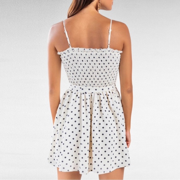 Francesca's Mi Ami | Ivory & Grey Polka Dot Belted Smocked Sleeveless Mini Dress - Picture 3 of 12